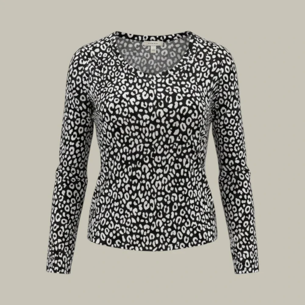 Michael Kors Knit LS Top Small Black Cream Leopard Print Chic Workwear Capsule